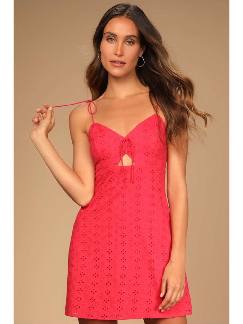 Lulu's Palm Springs Perfect Red Eyelet Cotton Tie Strap Mini Dress Size Medium